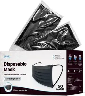 WeCare Protective Face Masks, Box of 50 (each Individually-Wrapped) - Black