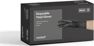 JussStuff Vinyl Exam Latex Free & Powder Free Gloves - Black - Box of 100 Gloves (Small)