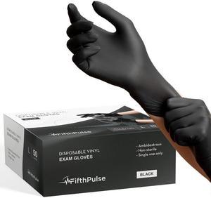 Fifth Pulse Vinyl Exam Latex Free & Powder Free Gloves - Black - Box of 50 Gloves (Large)