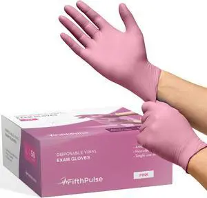 Fifth Pulse Vinyl Exam Latex Free & Powder Free Gloves - Black - Box of 50 Gloves (Large) Pink 50pcs X - Large