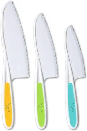 Tovla Jr. Knives for Kids 3-Piece Nylon Kitchen Baking Knife Set: Children's Cooking Knives in 3 Sizes & Colors - Firm Grip, Serrated Edges, BPA-Free Kids' Knives - Multi Green