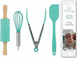 Tovla Jr. Kids Cooking Utensils Set - 4-Piece Kids Kitchen Tools - Safe Kids Baking Set - Food Grade Toddler Chef Supplies - Gender Neutral Silicone Cookware Kit with Spatula, Whisk, Tongs & Rolling P
