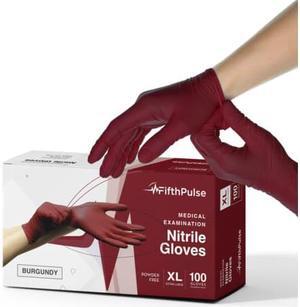 Fifth Pulse Nitrile Exam Latex Free & Powder Free Gloves - Burgundy - Box of 100 Gloves (XL)
