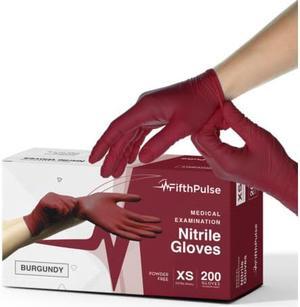 Fifth Pulse Nitrile Exam Latex Free & Powder Free Gloves - Burgundy - Box of 200 Gloves (XS)