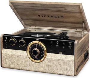 Victrola 6-in-1 Wood Empire Mid Century Modern Bluetooth Record Player with 3-Speed Turntable, CD, Cassette Player and Radio - Farmhouse Walnut