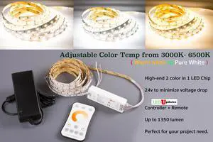 LEDUPDATES 24v Adjustable 3000K Warm white to 6500K Pure White LED Strip Light CCT 3528  300 LED chip with Remote and 24v UL Power Supply