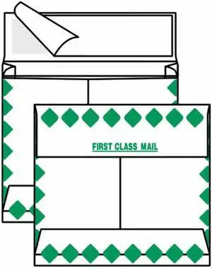 Open Side Expansion Tyvek Booklet Envelopes, 12" x 16" 18# Green Diamond Border, 'First Class Mail' on Face (Box of 100)