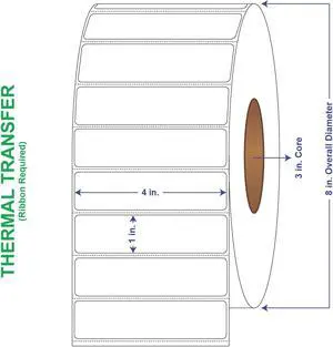 4" x 1" General Use Labels, w/ Perf Thermal Transfer Labels, Perforated, 5500 per roll (4 Rolls per Carton)