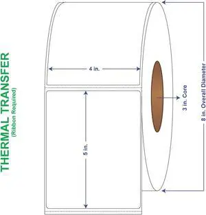 4" x 5" General Use Labels, w/ Perf Thermal Transfer Labels, Perforated, 1250 per roll (4 Rolls per Carton)
