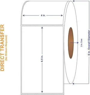 4" x 6-1/2" White Direct Print Thermal Labels, 900 per roll (4 Rolls per Carton)