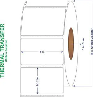 4" x 2-1/2" General Use Labels, w/ Perf Thermal Transfer Labels, Perforated, 2500 per roll (4 Rolls per Carton)