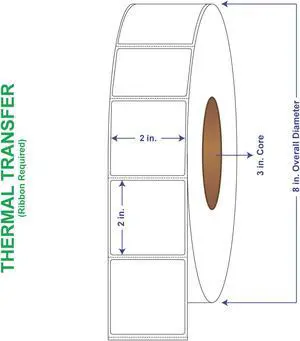 2" x 2" General Use Labels, w/ Perf Thermal Transfer Labels, Perforated, 3000 per roll (8 Rolls per Carton)