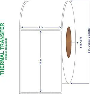 4" x 6" General Use Labels, w/ Perf Thermal Transfer Labels, Perforated, 1000 per roll (4 Rolls per Carton)