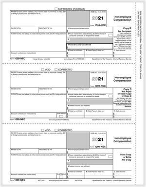 1099 NEC Rec Copy B, Payer/State Copy C & State/Extra File Copy (200 Forms/Pack)