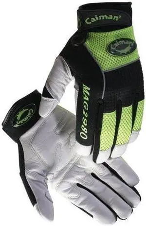 CAIMAN 2980-4 Hi-Vis Mechanics Gloves, Goat Grain Leather Palm, M, Yellow/White