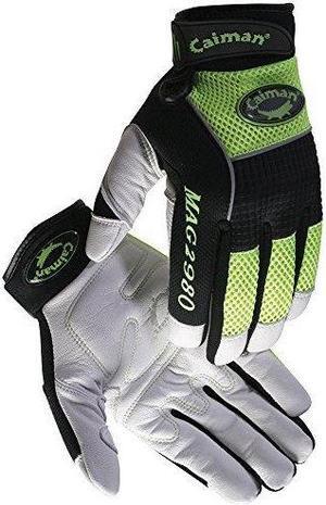 CAIMAN 2980-3 Hi-Vis Mechanics Gloves, Goat Grain Leather Palm, S, Yellow/White