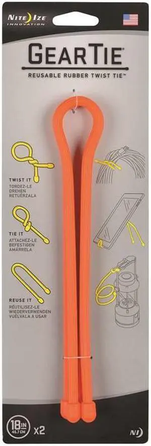 NITE IZE GT18-2PK-31 18" L, 13/32" W, Bright Orange Plastic Gear Tie, PK 2