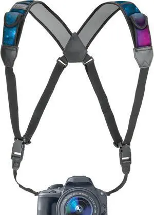 DSLR Camera Strap Chest Harness with Galaxy Neoprene Pattern and Accessory Pockets by USA GEAR - Works with Canon , Nikon , Fujifilm , Sony and More Point & Shoot , Mirrorless Cameras