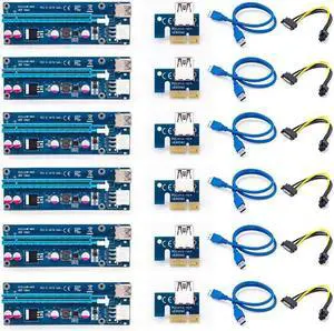 6-Pack 006C PCIe PCI-E PCI Express Riser Card 1x to 16x USB 3.0 Data Cable Adapter SATA to 6 pin for Bitcoin Mining