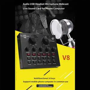 V8 USB Audio Sound Card 5.0 Headset Microphone Webcast Live Sound Card 18 Sound Effects 6 Modes Sound Card For Phone Computer