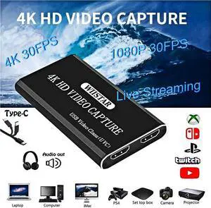 HDMI Video Capture Card to Type-C HDMI loop out 4K Video Grabber Record Box for PS4 Game DVD Camcorder Recording Live Streaming