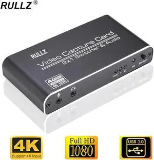4K 2x1 HDMI-compatible Switch 1080p Audio Video Capture Card USB 3.0 Record Plate PC Game Live Streaming Device Mic In TV Loop