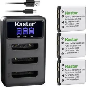 Kastar 3 Pack Battery and LCD Triple USB Charger Compatible with Olympus Li-40B Li40B, Li-42B Li42B Battery, Olympus LI-40C Li-40C Charger