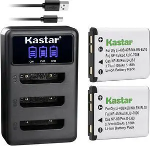 Kastar 2 Pack Battery and LCD Triple USB Charger Compatible with Olympus Li-40B Li40B, Li-42B Li42B Battery, Olympus LI-40C Li-40C Charger