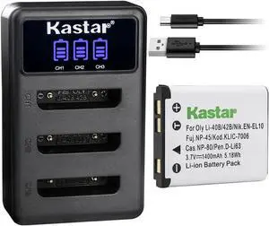 Kastar 1 Pack Battery and LCD Triple USB Charger Compatible with Olympus Li-40B Li40B, Li-42B Li42B Battery, Olympus LI-40C Li-40C Charger
