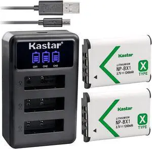 Kastar 2 Pack NP-BX1 Battery and LCD Triple USB Charger Compatible with Sony NP-BX1, Type X, X-Series Rechargeable Battery Pack, Sony BC-CSX, BC-CSXB, BC-TRX, ACC-TRBX Charger, Shooting Grip VCT-SGR1
