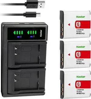 Kastar 3-Pack NP-BG1 Battery and LTD2 USB Charger Replacement for Sony HDR-GW55, HDR-GW77, Cyber-shot DSC-H3, Cyber-shot DSC-H7, Cyber-shot DSC-H9, Cyber-shot DSC-H10, Cyber-shot DSC-H20 Camera