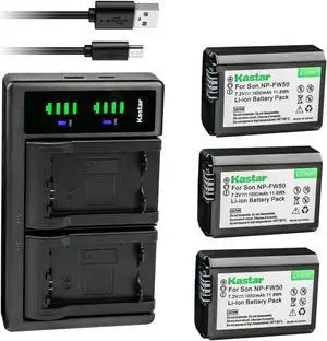 Kastar 3-Pack NP-FW50 Battery and LTD2 USB Charger Replacement for Sony SLT-A35, SLT-A37, SLT-A55, Cyber-shot DSC-RX10, Cyber-shot DSC-RX10 II, Cyber-shot DSC-RX10M2, Cyber-shot DSC-RX10 III