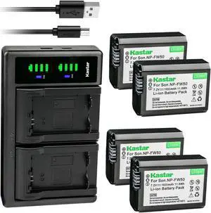 Kastar 4-Pack NP-FW50 Battery and LTD2 USB Charger Replacement for Sony SLT-A35, SLT-A37, SLT-A55, Cyber-shot DSC-RX10, Cyber-shot DSC-RX10 II, Cyber-shot DSC-RX10M2, Cyber-shot DSC-RX10 III