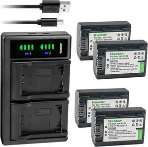 Kastar 4-Pack NP-FV50 Battery and LTD2 USB Charger Replacement for Sony HXR-NX70 HXR-NX80 PXW-Z90V PXW-X70 DCR-PJ5 DCR-SR10 DCR-SR15 DCR-SR20 DCR-SR21 DCR-SR58 DCR-SR68 DCR-SR73 DCR-SR78 Camera