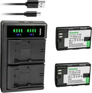 Kastar 2-Pack LP-E6 Battery and LTD2 USB Charger Replacement for Canon LP-E6, LP-E6N, LP-E6N Pro, LP-E6NH Battery, Canon LC-E6, LC-E6E Charger, Canon EOS R Ra R5 R6 5D 6D 7D 60D 70D 80D 90D XC10 XC15