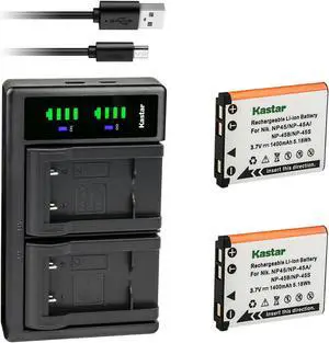 Kastar 2-Pack Battery and LTD2 USB Charger Compatible with Fujifilm NP-45 NP-45A NP-45B NP-45S Fujifilm FinePix JX360 FinePix JX370 inePix JX375 FinePix JX380 FinePix JX390 FinePix JX400 FinePix JX405