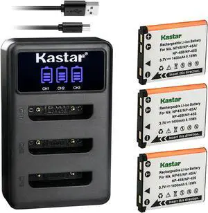 Kastar 3 Pack Battery and LCD Triple USB Charger Compatible with Minolta NP-45 Battery, Minolta MN5Z 20MP 5X, MN12Z 20MP 12X, MN22Z 20MP 22X, MN30WP 21 MP / 1080P HD Waterproof Digital Camera
