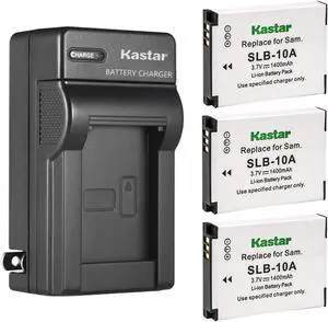 Kastar 3-Pack SLB-10A Battery and AC Wall Charger Replacement for Samsung WB1100F, WB2100, ES50, ES55, ES60, EX2F, HMX-U10, HMX-U20, HZ10W, HZ15W, IT100, L100, L110, L200, L210, L310W, M100 Camera