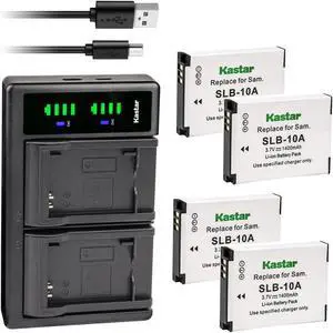 Kastar 4-Pack SLB-10A Battery and LTD2 USB Charger Replacement for Toshiba PA5081E-1C0K, PX1733 PX1733E-1BRS PX1730E-1C4G PX1736E-1CAM PX1737E-1C4G, PX1740 PX1740E-1CAM PX1745E-1C4G Camera