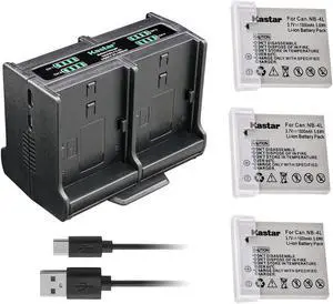 Kastar 3-Pack Battery and Quadruple Charger Compatible with Canon PowerShot SD30, SD40, SD200, SD300, SD400, SD430, SD450, SD600, SD630, SD750, TX1 Digital Camera