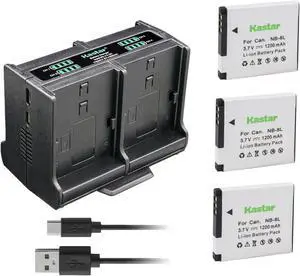 Kastar 3-Pack Battery and Quadruple Charger Compatible with Canon NB-8L NB8L, NB-8LH NB8LH Battery, Canon CB-2LA, CB-2LAE Charger