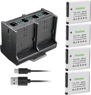 Kastar 4-Pack Battery and Quadruple Charger Compatible with Canon NB-8L NB8L, NB-8LH NB8LH Battery, Canon CB-2LA, CB-2LAE Charger