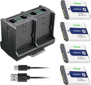 Kastar 4-Pack Battery and Quadruple Charger Compatible with Sony NP-BD1 NP-FD1 Battery, Sony D Type Battery, Sony BC-CSD BC-CS3 Charger