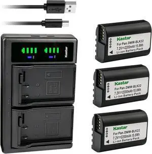 Kastar 3-Pack BLK22 Battery and LTD2 USB Charger Compatible with Panasonic DMW-BLK22 Lithium-Ion Battery, Panasonic DMW-BTC15 Battery Charger, Panasonic Lumix DC-S5 DC-S5KK Mirrorless Digital Camera