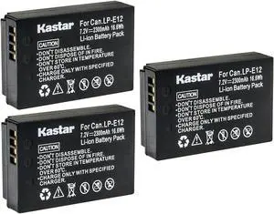 Kastar 3-Pack LP-E12 Battery 7.2V 2300mAh Replacement for Canon EOS 100D, EOS M, EOS M2, EOS M10, EOS M50, EOS M50 Mark II, EOS M100, EOS M200, EOS Rebel SL1, PowerShot SX70 HS Camera Kastar 3-Pack LP-E12 Battery 7.2V 2300mAh Replacement for Canon EOS 100D, EOS M, EOS M2, EOS M10, EOS M50, EOS M50 Mark II, EOS M100, EOS M200, EOS Rebel SL1, PowerShot SX70 HS Camera
