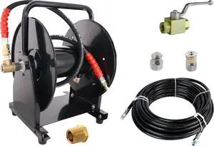 Scheiffer Sewer Jetting Kit - Ball Valve Hose Reel 1/4" x 150' Sewer Jetting Hose Button Nose and Rotating Nozzles