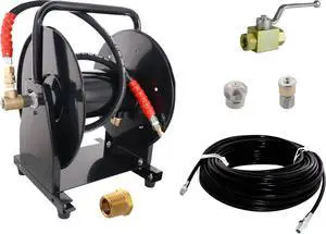 Scheiffer Sewer Jetting Kit - Ball Valve Hose Reel 1/8" x 150' Sewer Jetting Hose Button Nose and Rotating Nozzles