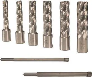 Steel Dragon Tools® High Speed Steel Annular Cutter 7 PC Kit - 7/16in. to 3/4in. - with 2in. Cut Depth 3/4in. Weldon Shank and Pilot Pins