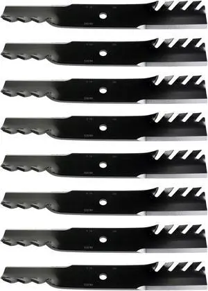 USA Mower Blades (8) MB022BP Toothed High-Lift for Exmark 103-6584-S Toro 105-7779-03 Length 18 in. Width 2-1/2 in. Thickness .203 in. Center Hole 5/8 in. 36 in. 52 in. 54 in. Deck