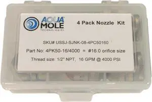 Aqua Mole Four Pack 1/2in. NPT Button Nose Sewer Jetter Nozzle 4 Piece Set 4000 PSI 16 Orifice